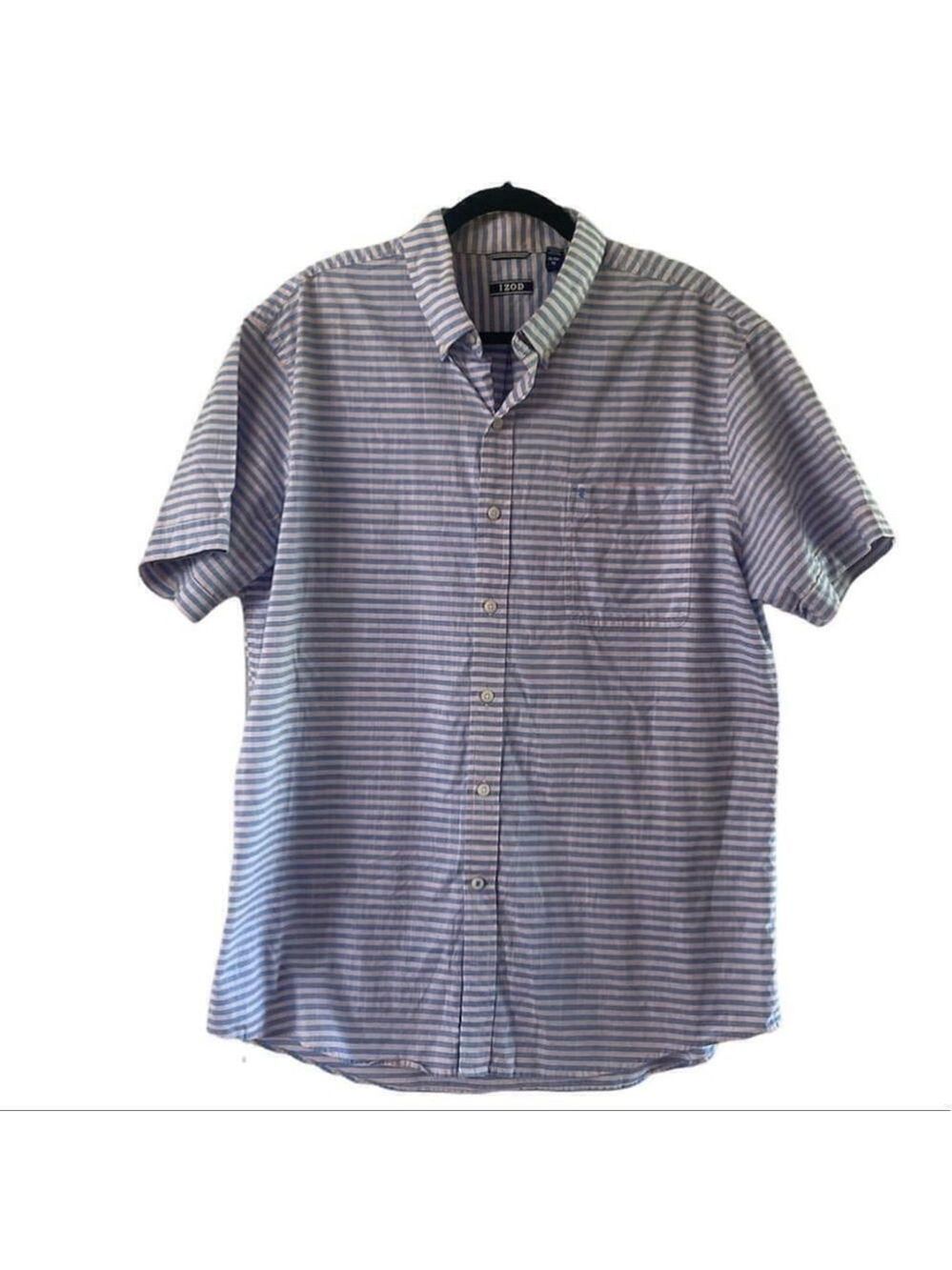 IZOD | Button Up Shirt Mens Sz XL Blue Baby Pink Striped Short Sleeve Polo